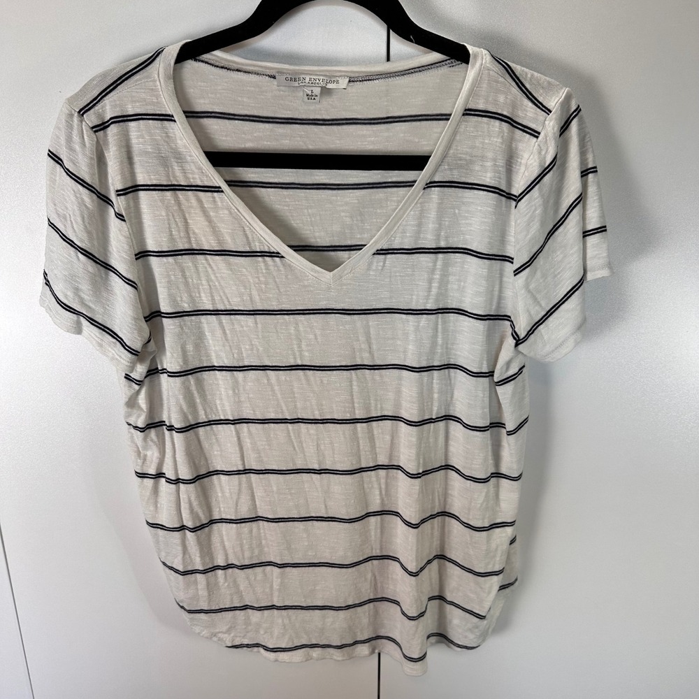 Green Envelope Los Angeles Women's‎ Striped V-Neck Tee Wardrobe Capsule Staple